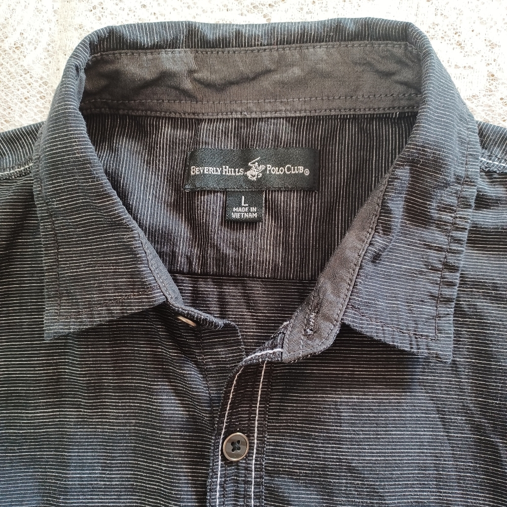 BEVERLY HILLS POLO CLUB MEN'S L/S CASUAL BUTTON-UP SHIRT BLACK/WHITE LARGE